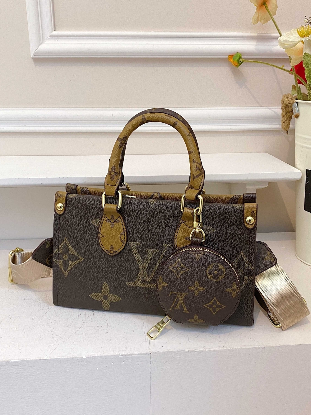 Brown Monogram Satchel with Round Coin Pouch and Detachable Strap